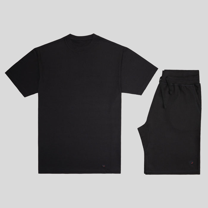 All-black short set with tonal cherry logo – premium tee and shorts for everyday wear or training