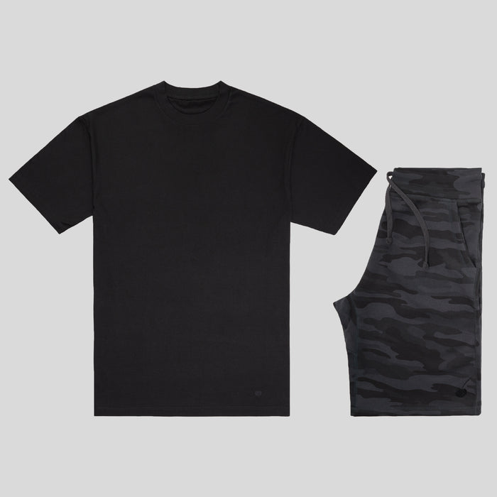 Black camo fleece short set with tonal black logo – includes signature black tee and camo shorts