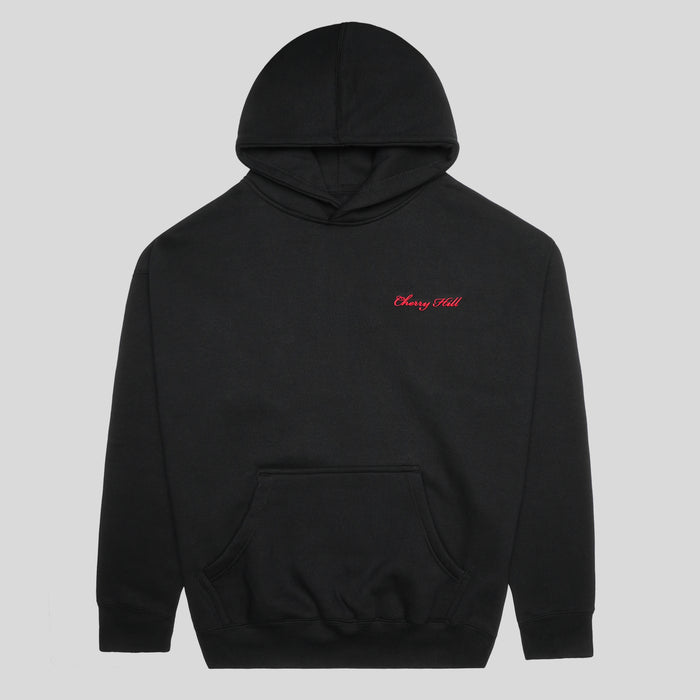 Cherry Hill Black Heavyweight Hoodie — 12oz 400 GSM fleece with embroidered logo, men's winter hoodie