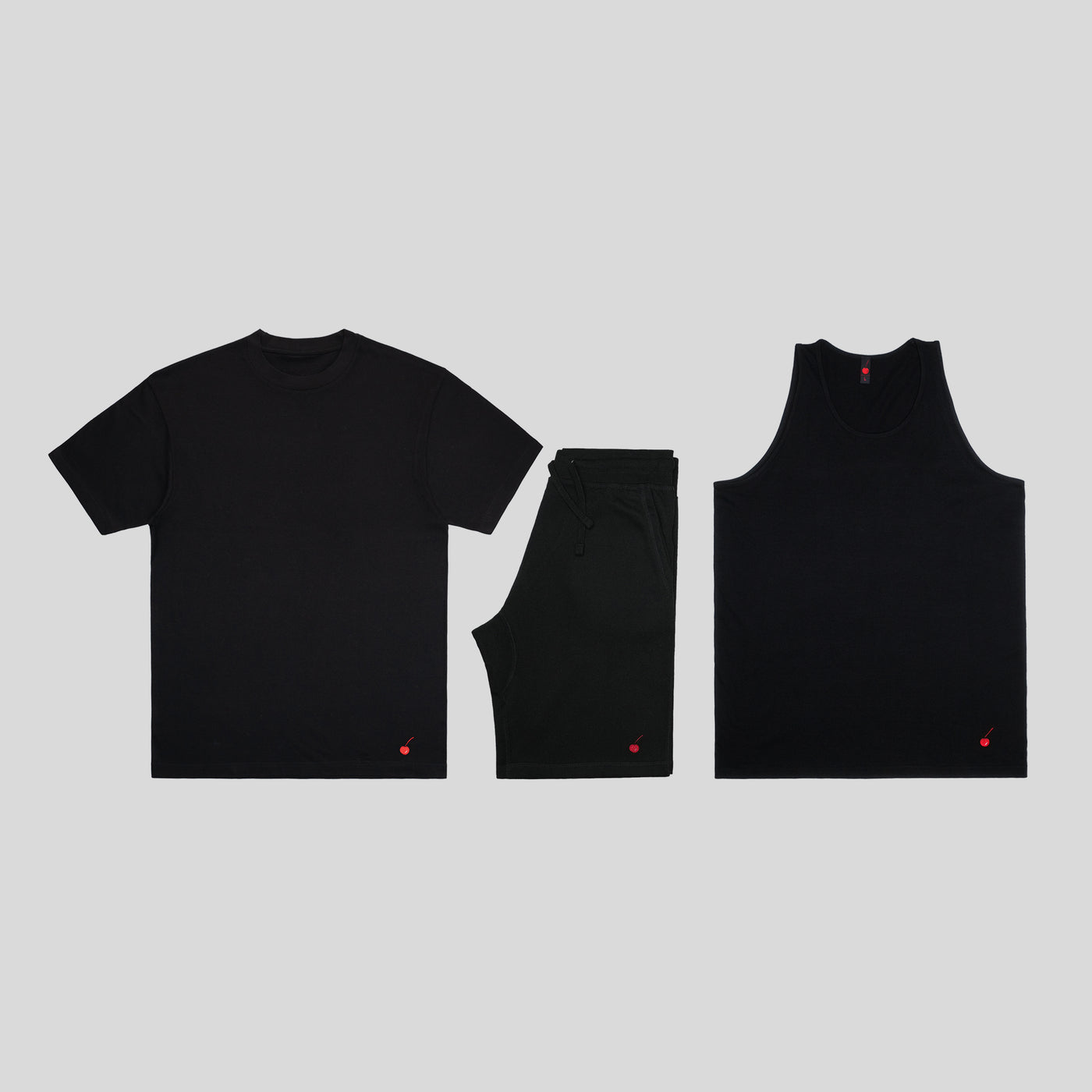 Solo Escape short set bundle – matching premium tee, shorts, and tank in black or gray