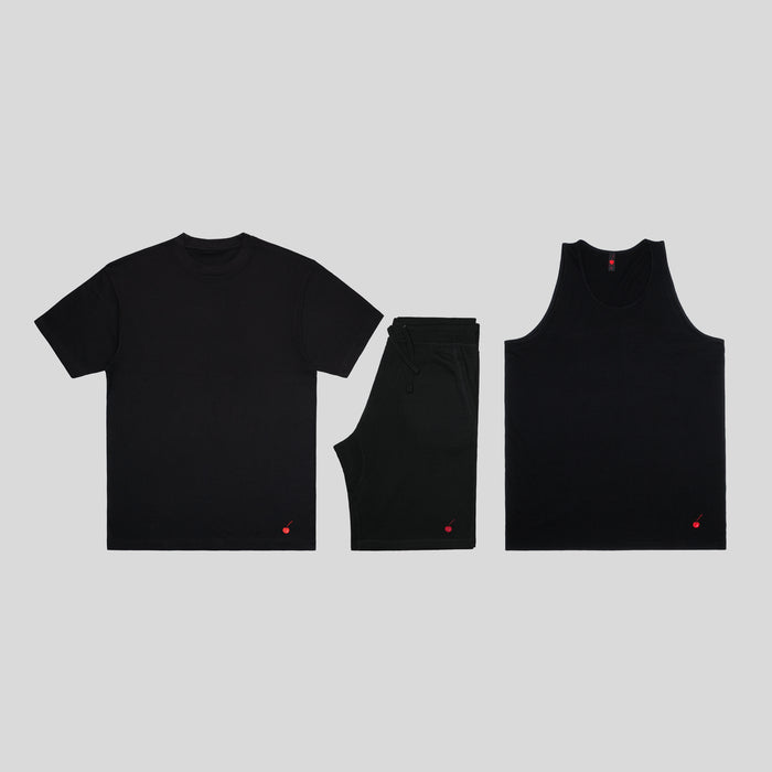 Solo Escape short set bundle – matching premium tee, shorts, and tank in black or gray