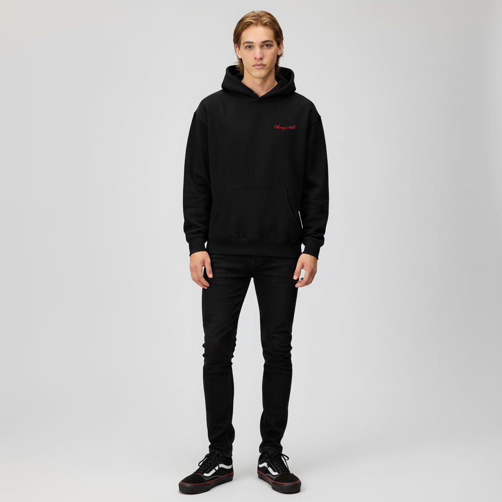 Cherry Hill Black Heavyweight Hoodie — 12oz 400 GSM fleece with embroidered logo, men's winter hoodie