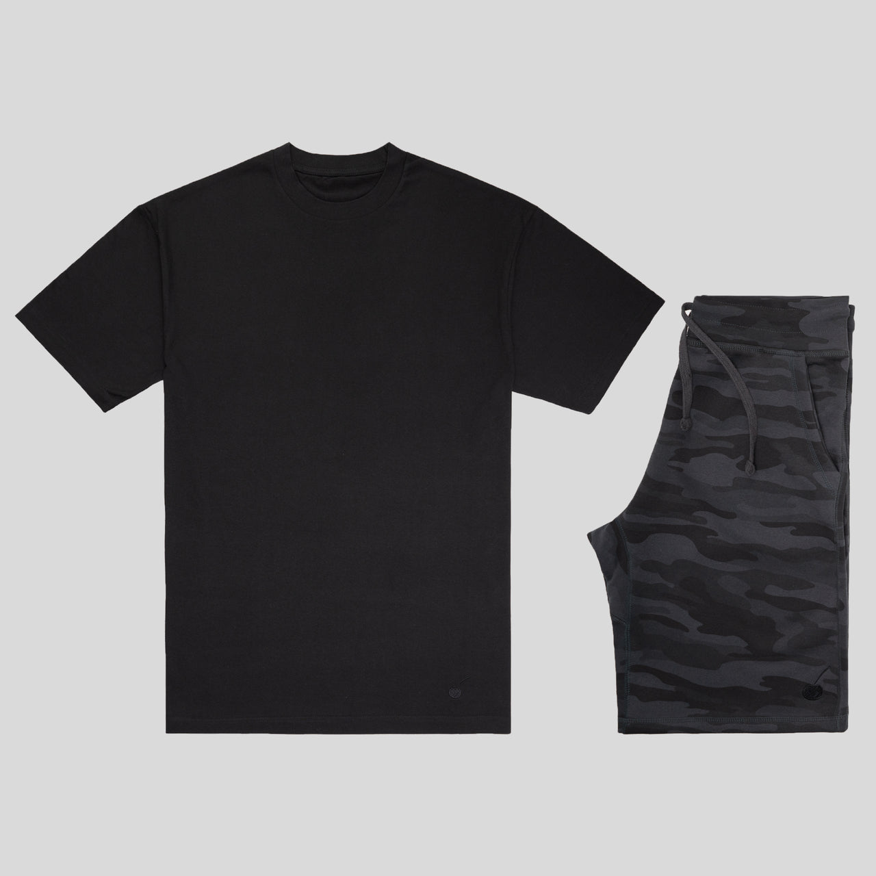 Black camo fleece short set with tonal black logo – includes signature black tee and camo shorts
