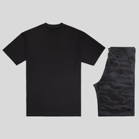 Thumbnail for Black camo fleece short set with tonal black logo – includes signature black tee and camo shorts